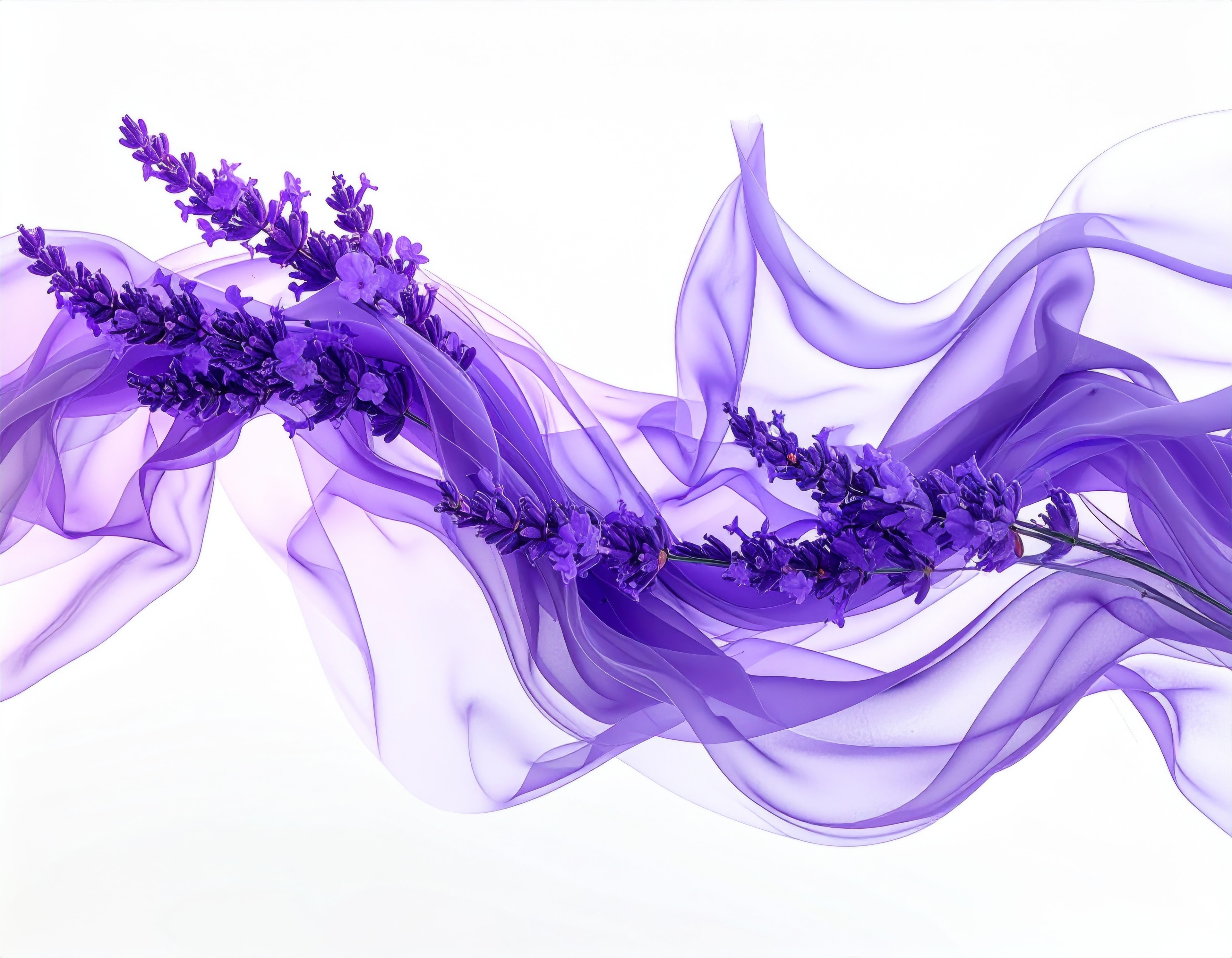 Lavender flowers with flowing purple fabric